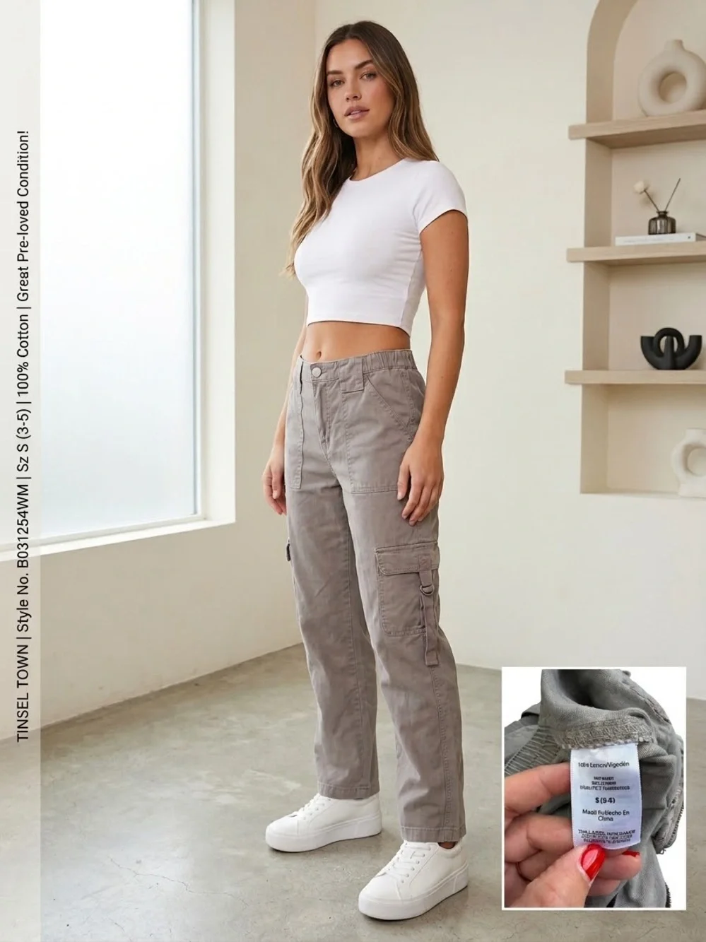 Tinsel Town Cargo Pants Y2K Streetwear Utility Pocket Cotton Gray Small